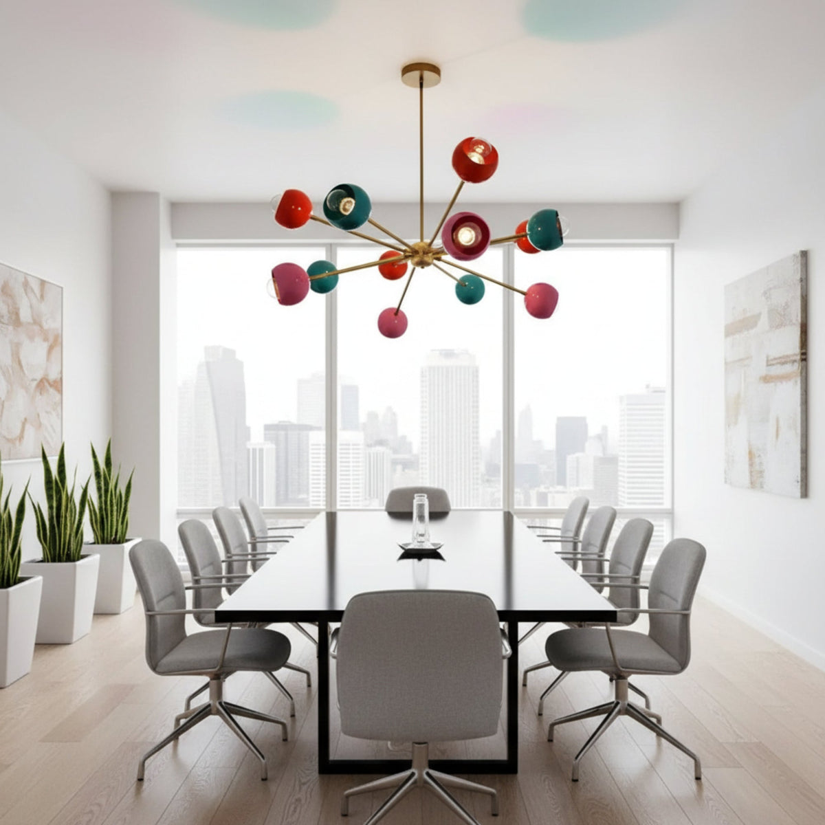 Hudson 12 light Mid-Century Modern Sputnik chandelier shown from the front with colorful rounded shades and brass-tone multi-arm construction.
