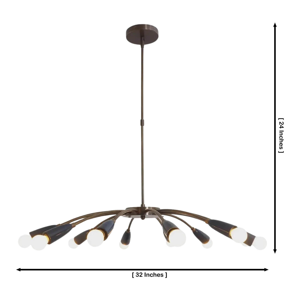 A 12-light chandelier with a dark bronze finish and frosted glass shades, shown with dimension lines indicating a height of 24 inches and a width of 32 inches on a white background.