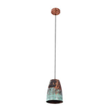 Front view of the Hudson Verdigris Tapered Pendant Light with handcrafted tapered shade, verdigris patina finish, adjustable hanging cord, and copper interior.