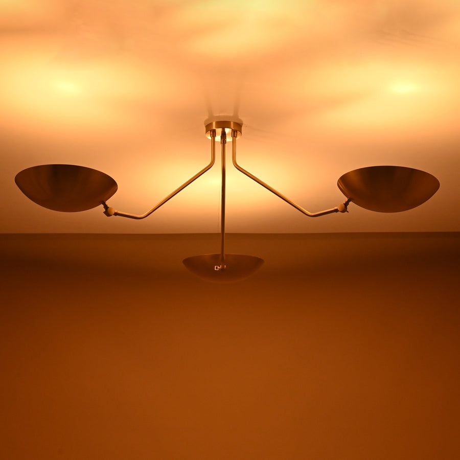 Handmade 3-arm brushed brass flushmount ceiling light with bowl shades and minimalist geometric design by Brass Leaf Studio