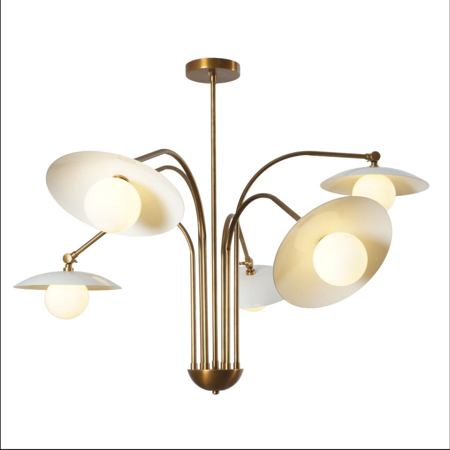 Elegant brass ceiling chandelier with six adjustable arms and round white glass shades, perfect for modern living or dining spaces.
