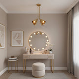 Kensington 4 light brass cone chandelier shown from the side featuring curved suspension rods and directional metal shades.