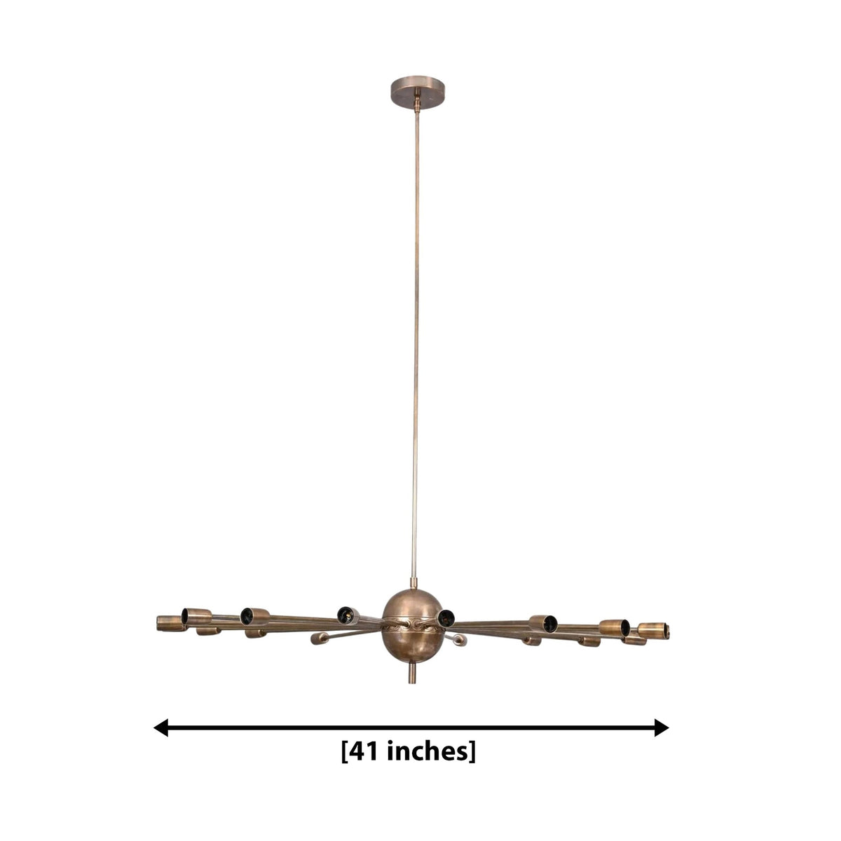 Lucca 18 light Mid-Century Modern starburst Sputnik chandelier with black radial arms and brass-tone socket holders shown on a white background.