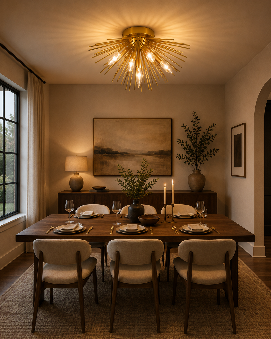 Lucerne 5 light brass starburst flush mount displayed above a wooden dining table in a warm contemporary dining room.