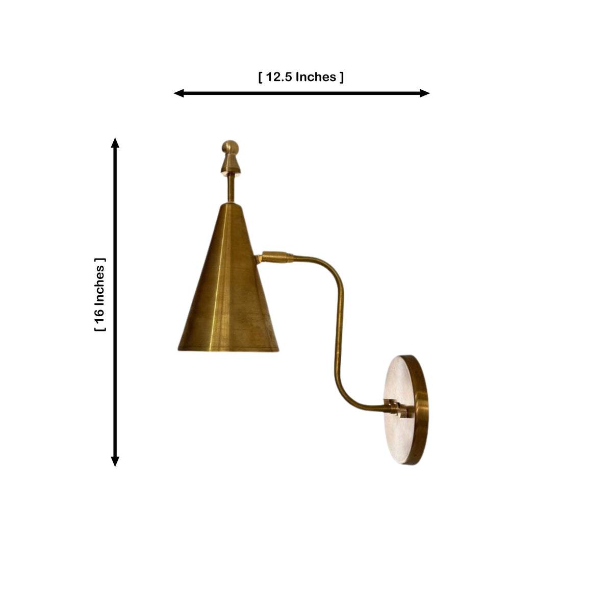 Dimension diagram of the Luna Modern Tapered Cone Wall Sconce measuring 16 inches in height with a 12.5-inch projection.