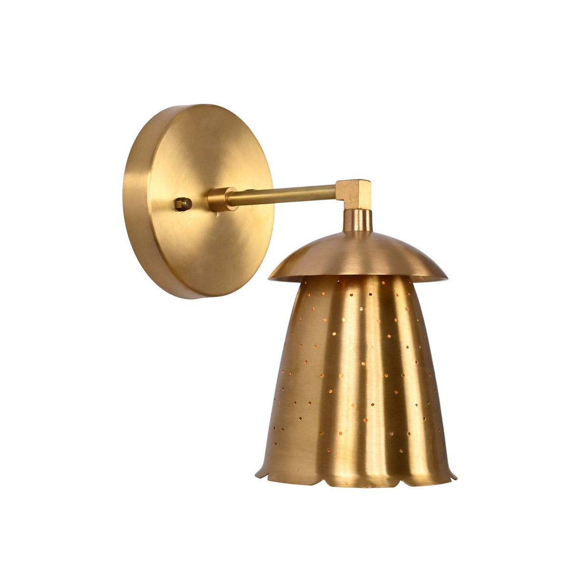 Side angled view of Luna bell wall sconce with perforated shade and warm decorative detailing.
