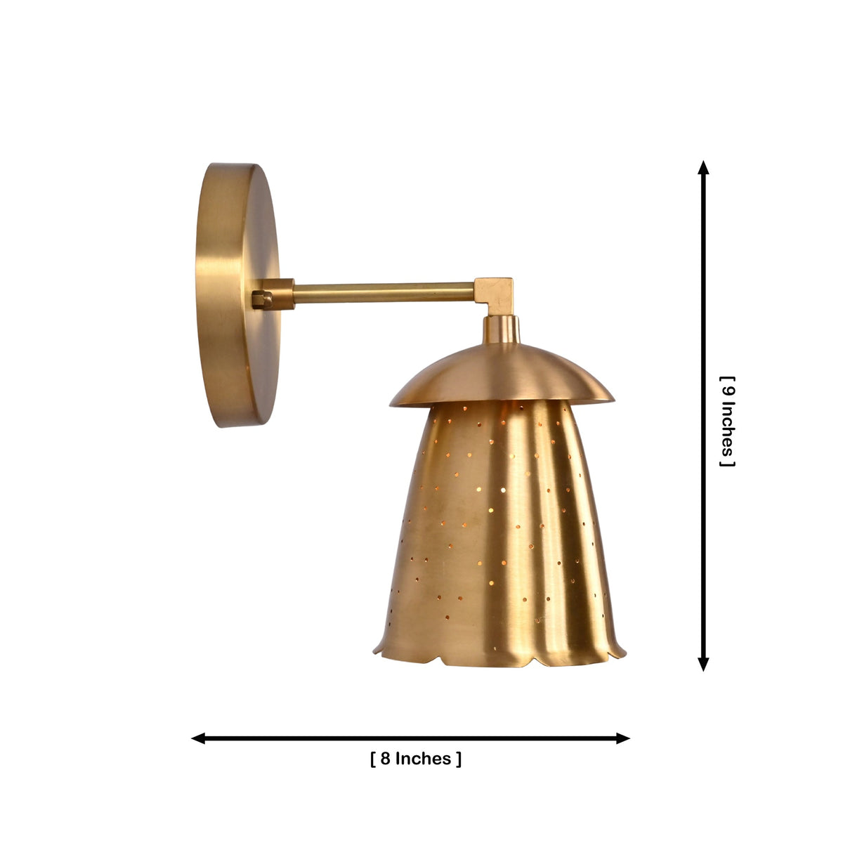 Side dimension view of Luna perforated bell wall sconce showing 9 inch height and 8 inch projection.