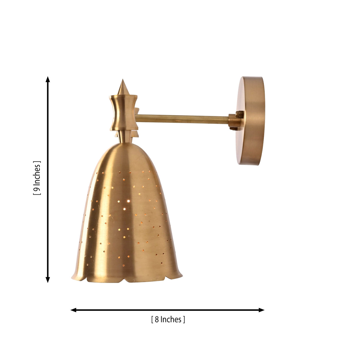 Side dimension view of Luna perforated bell wall sconce showing 9 inch height and 8 inch projection.