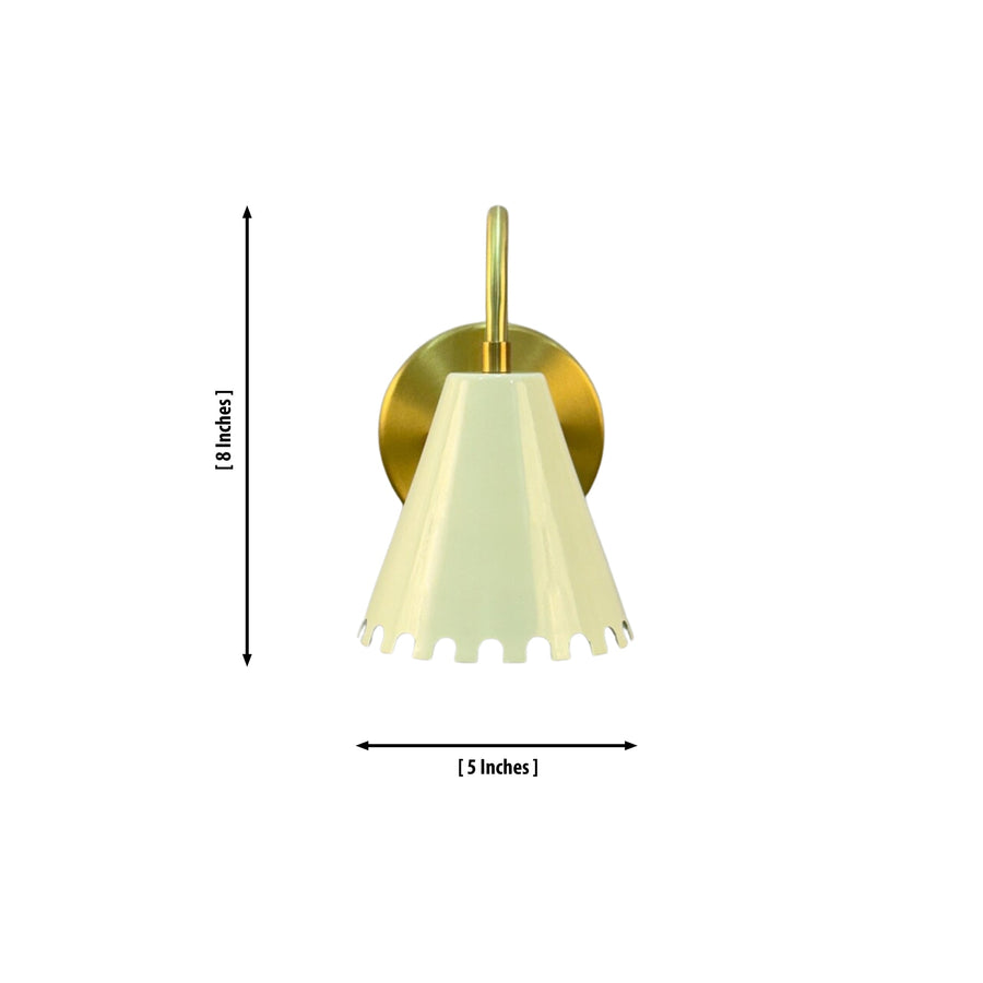 Luna Scalloped Cone Wall Sconce installed in a modern hallway, providing warm ambient lighting with a handcrafted white scalloped cone shade and solid brass curved arm.