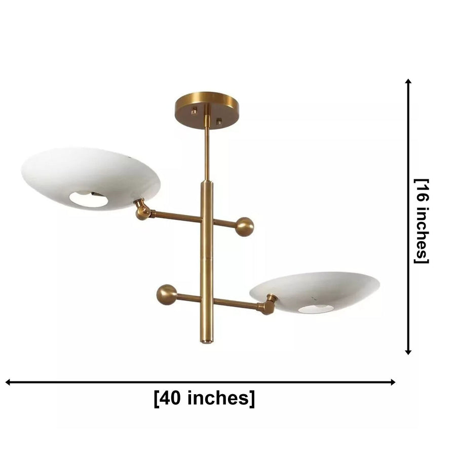 Luna sculptural disc chandelier with two white disc shades, brass arms and spherical accents, front view, Model 62015
