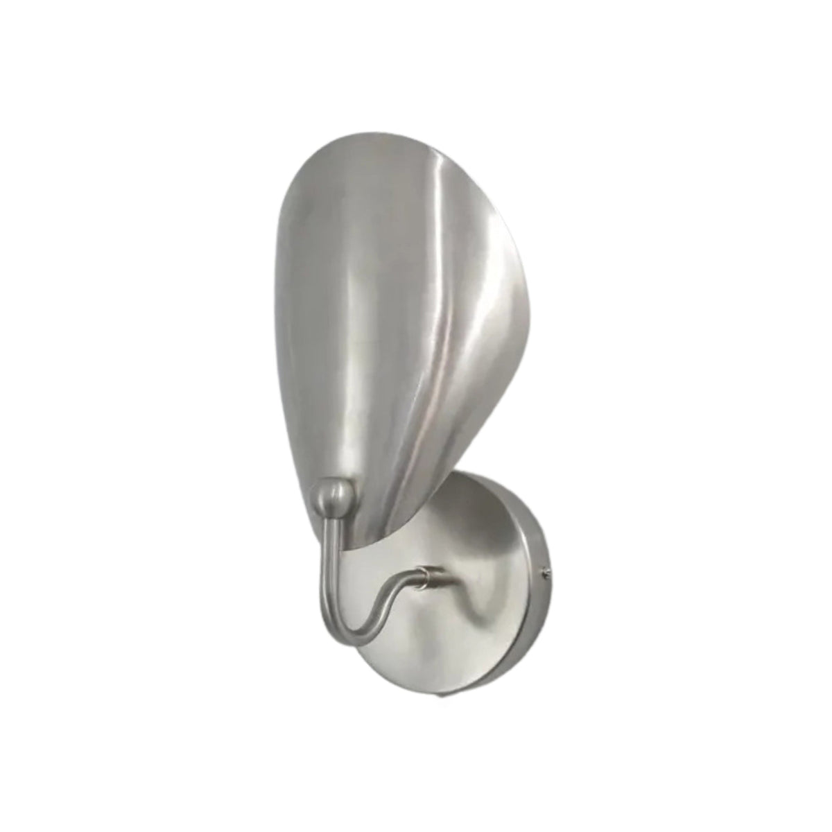 Front angled view of the Luna Sculptural Petal Wall Sconce in a satin nickel finish featuring a handcrafted organic petal-shaped metal shade with a curved wall arm.