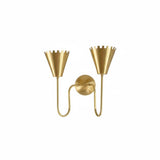 Wall mounted solid brass two light sconce with upward cone shades and sculptural curved arms on neutral wall