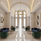 Lyon 12 light brass-tone two-tier Sputnik chandelier shown from an alternate angled view with radial arms and globe bulbs.