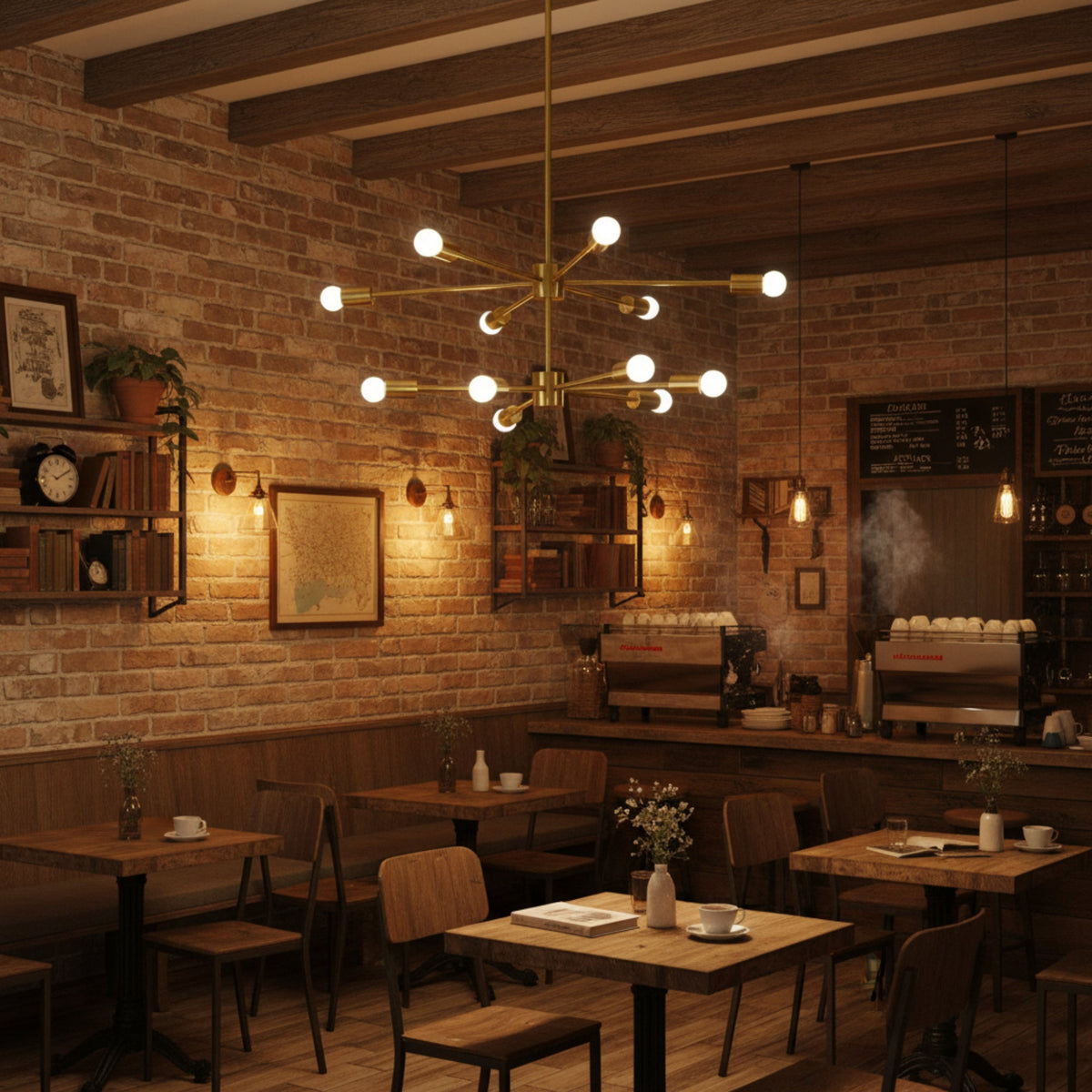 Lyon 12 light Mid-Century Modern tiered Sputnik chandelier shown from an opposite angled view with exposed globe bulbs.