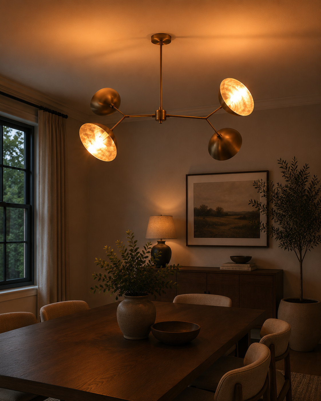 Four-light Madrid Orbital Chandelier styled above dining table in warm modern interior with cozy lighting.