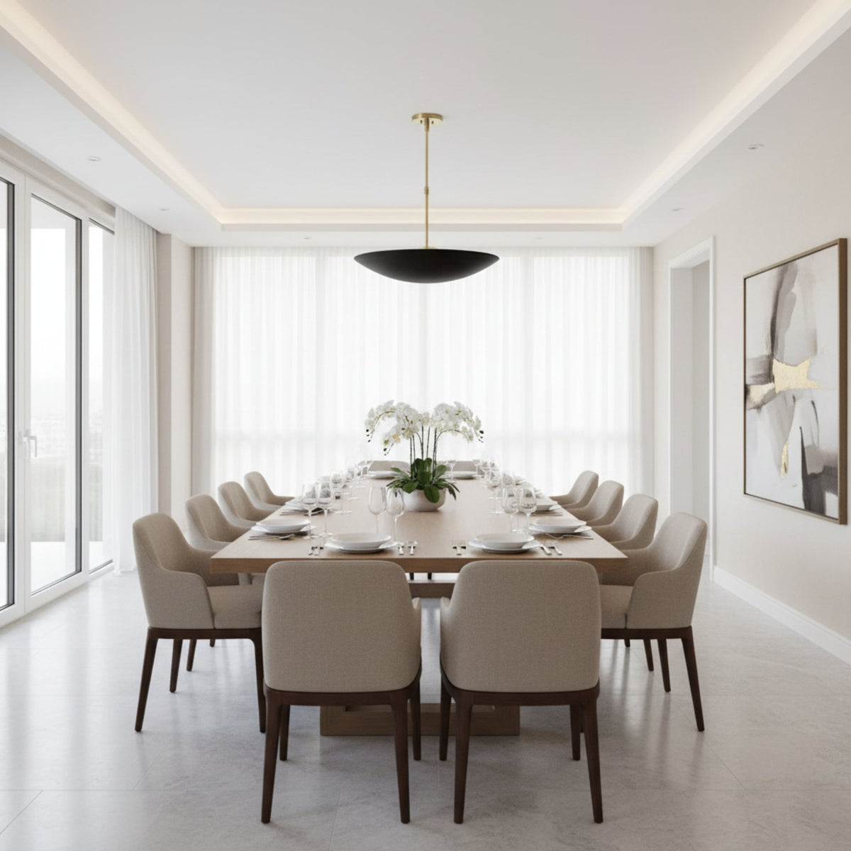Madrid 5 light sculptural black bowl chandelier with contrasting brass stem and ceiling canopy shown from an angled view.