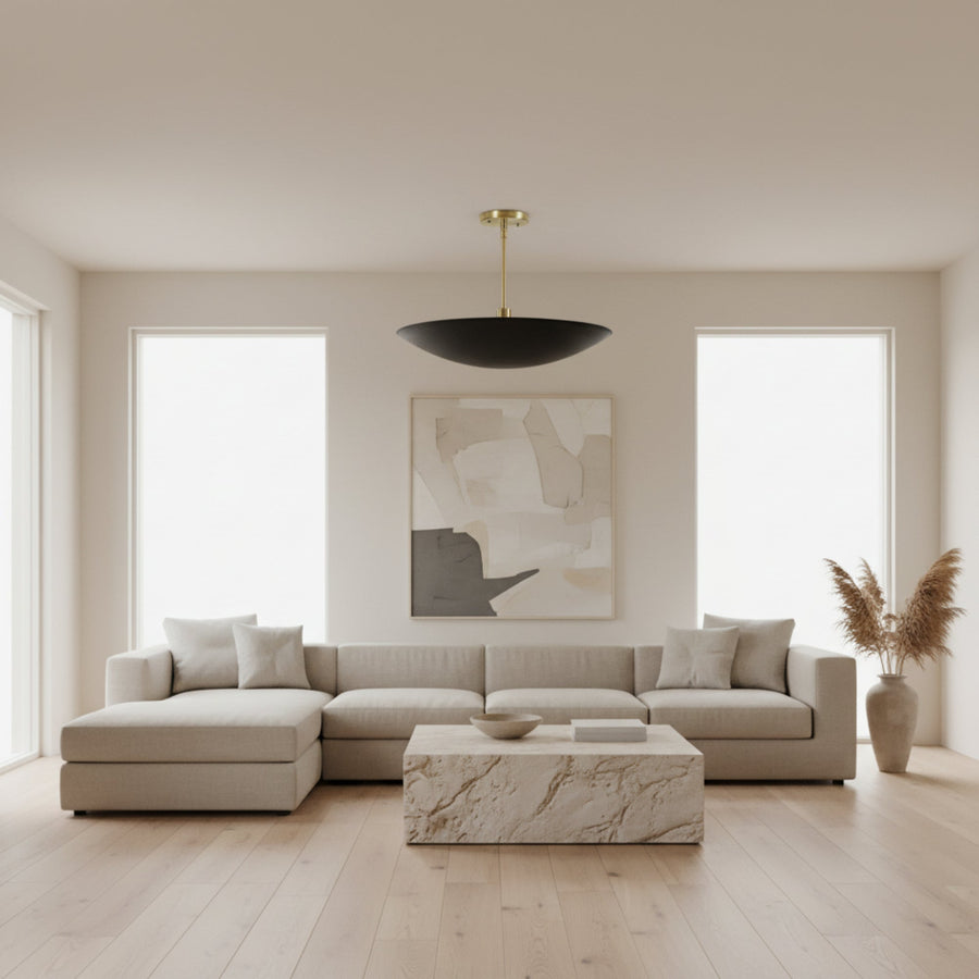 Madrid 5 light black bowl chandelier featuring a wide curved shade, brass downrod and matching round canopy on a white background.