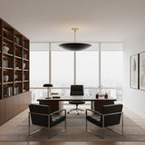 Madrid 5 light Mid-Century Modern bowl chandelier showing its shallow curved black shade and brass ceiling mount.