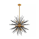 Madrid 10 light black and brass-tone starburst chandelier shown from an angled view with dramatic radial rods and exposed bulbs.