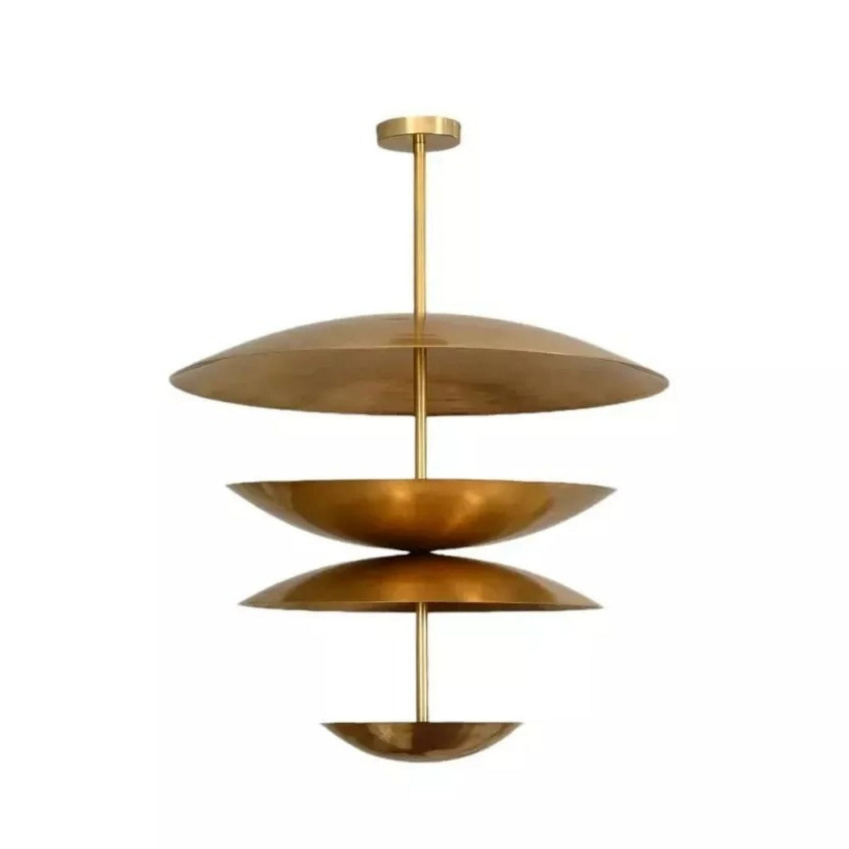 Mallorca 8 light brass-tone tiered disc chandelier shown from the front with layered sculptural metal bowl shades.