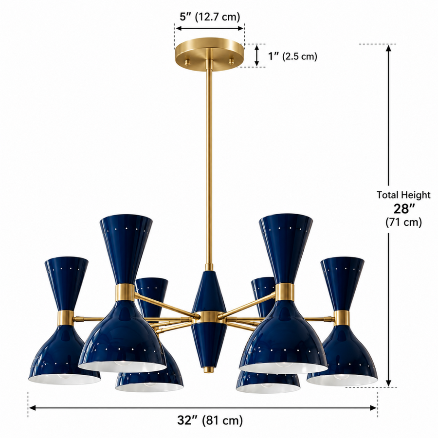 Manhattan 12 light chandelier shown from the front with deep blue double-cone shades, white interiors, and brass-tone radial arms.