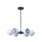 Marbella 6 light Mid-Century Modern dome chandelier shown from the front with six white open-front shades and a long black downrod.