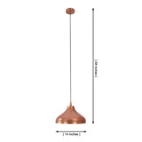 Dimension view of the Marlow Copper Dome Pendant Light showing a handcrafted copper dome shade with 14-inch diameter and adjustable 58-inch hanging height.