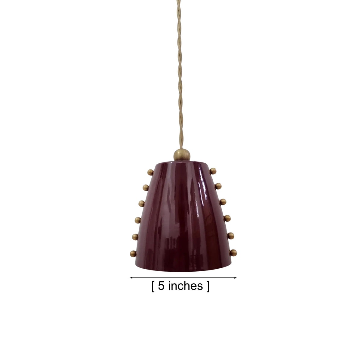 Dimension view of the Marlow 5-inch studded cone pendant light showing the glossy burgundy metal shade with decorative brass studs and adjustable hanging cord.