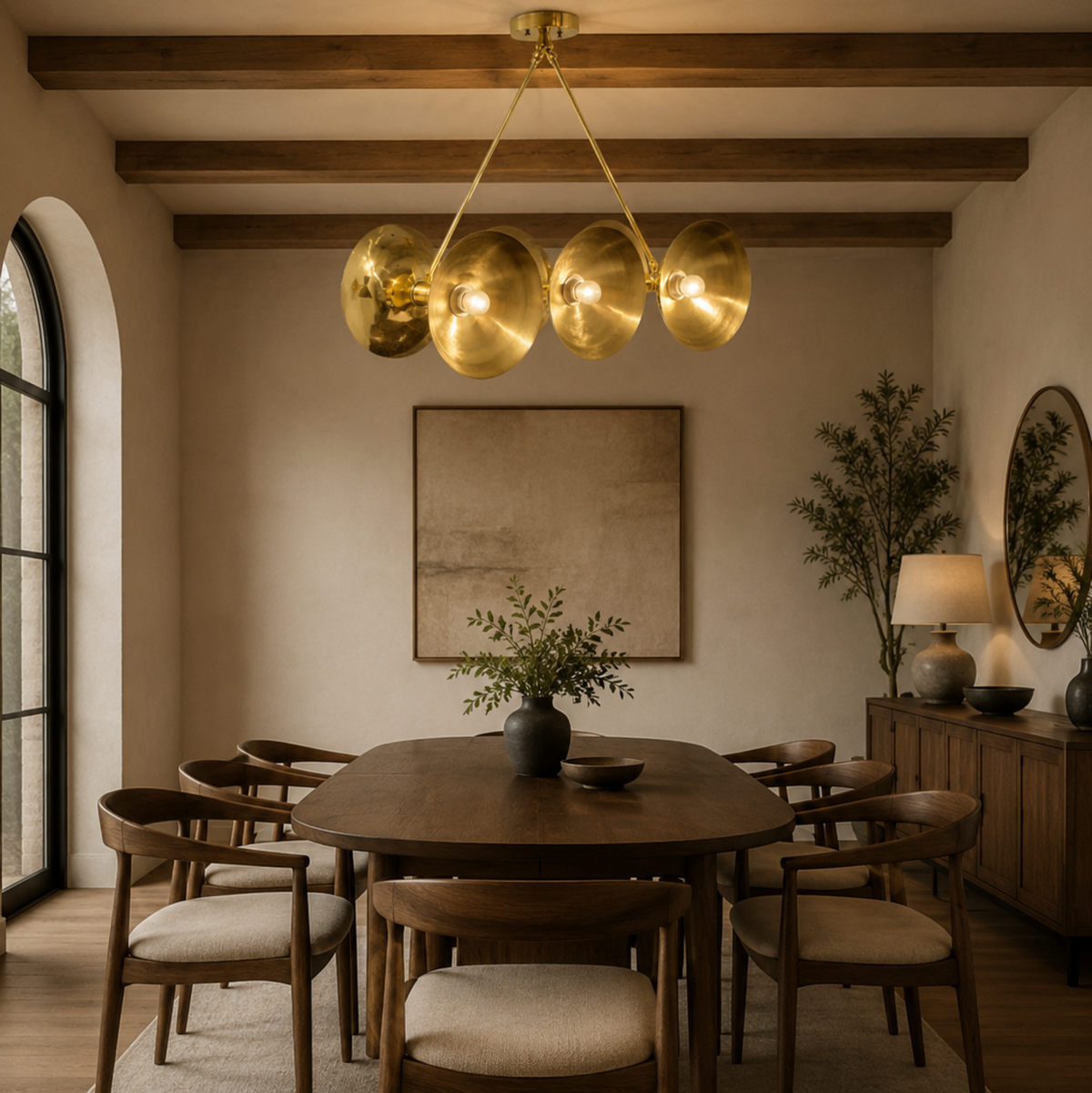 Marseille 6 light brass tone disc chandelier illuminated above a dining table in a warm contemporary dining room.