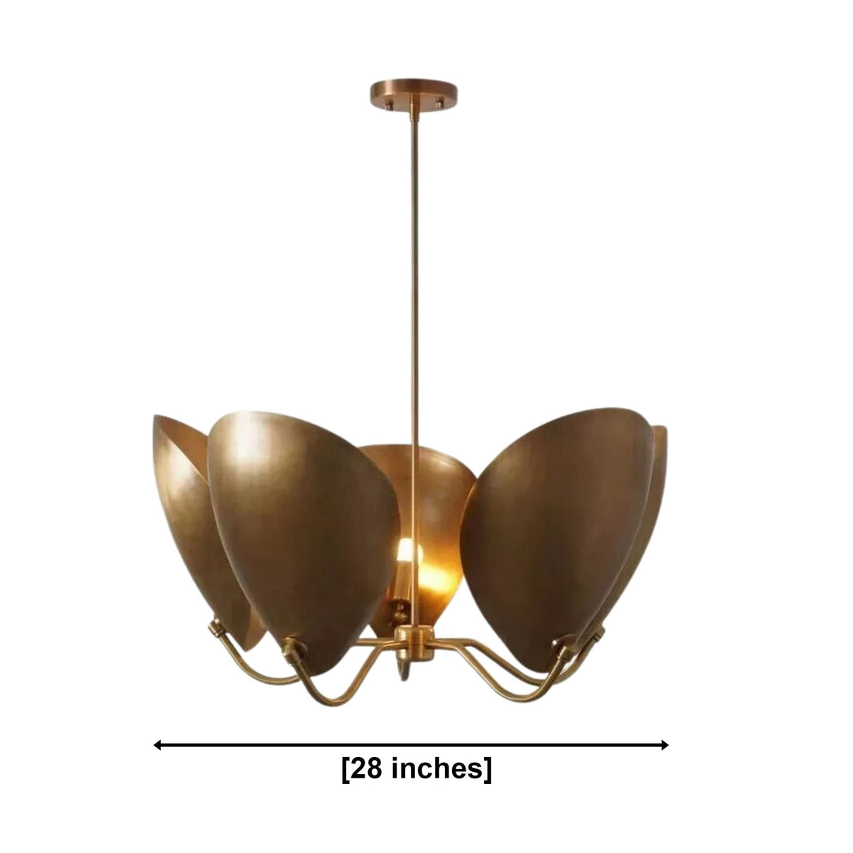 Mayfair 5 light aged brass sculptural chandelier dimension view showing an overall width of 28 inches.
