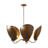 Mayfair 5 light aged brass chandelier shown in a full product view with layered petal-inspired shades and downrod suspension.