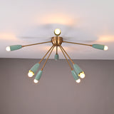 Mid-century 8-light brass ceiling chandelier with mint enamel shades illuminated