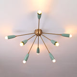 Brass flush mount chandelier with eight mint cone shades – angled view