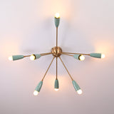 8-light starburst mint cone ceiling fixture in brass – illuminated top view