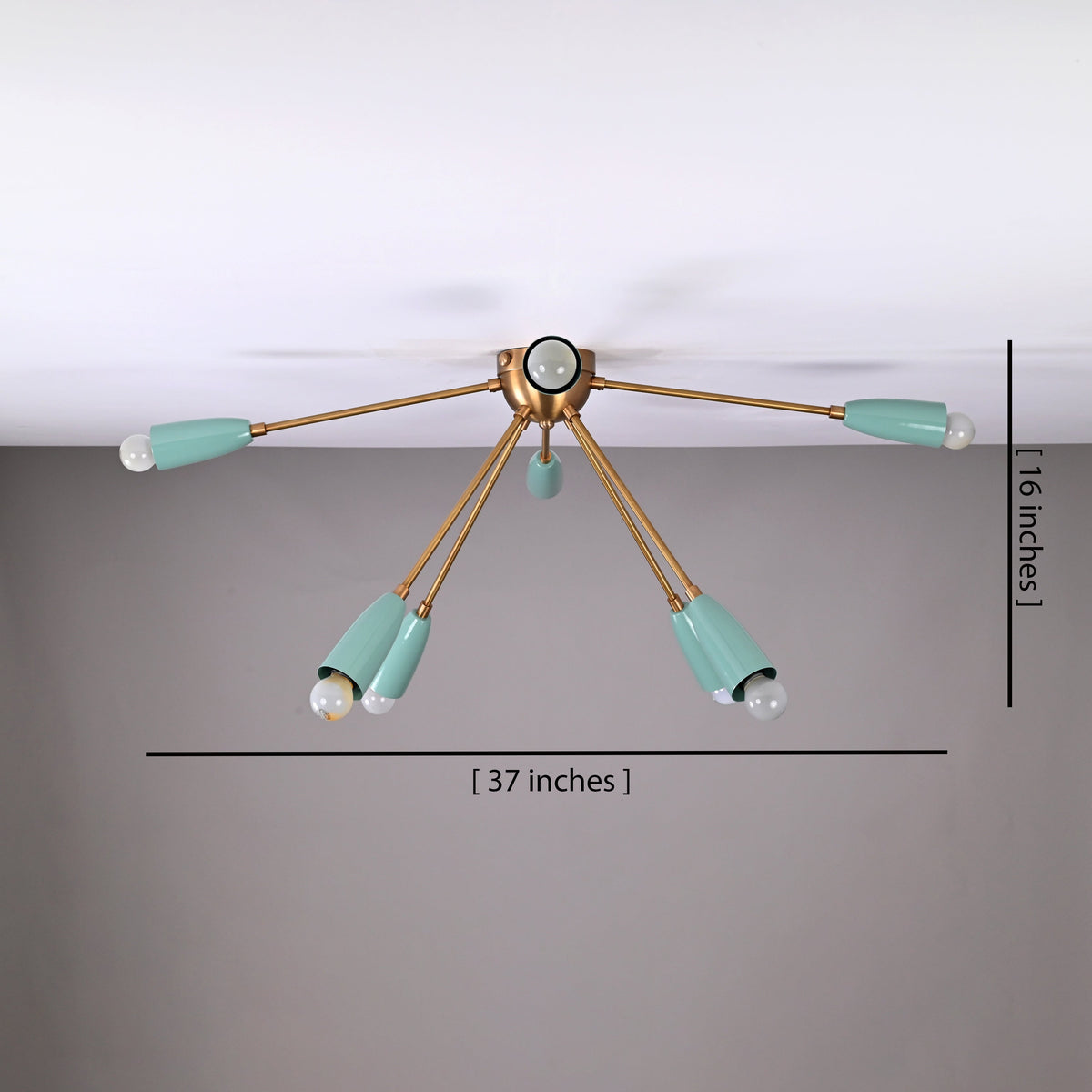 8-light mint cone brass flush mount chandelier – top view with dimensions