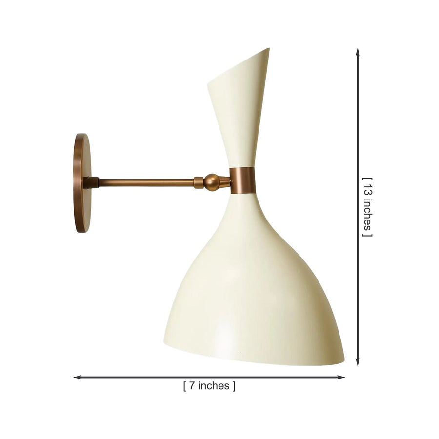 Milan Double Cone Wall Sconce with cream shade and brass finish styled beside a bedroom nightstand – Model 32835