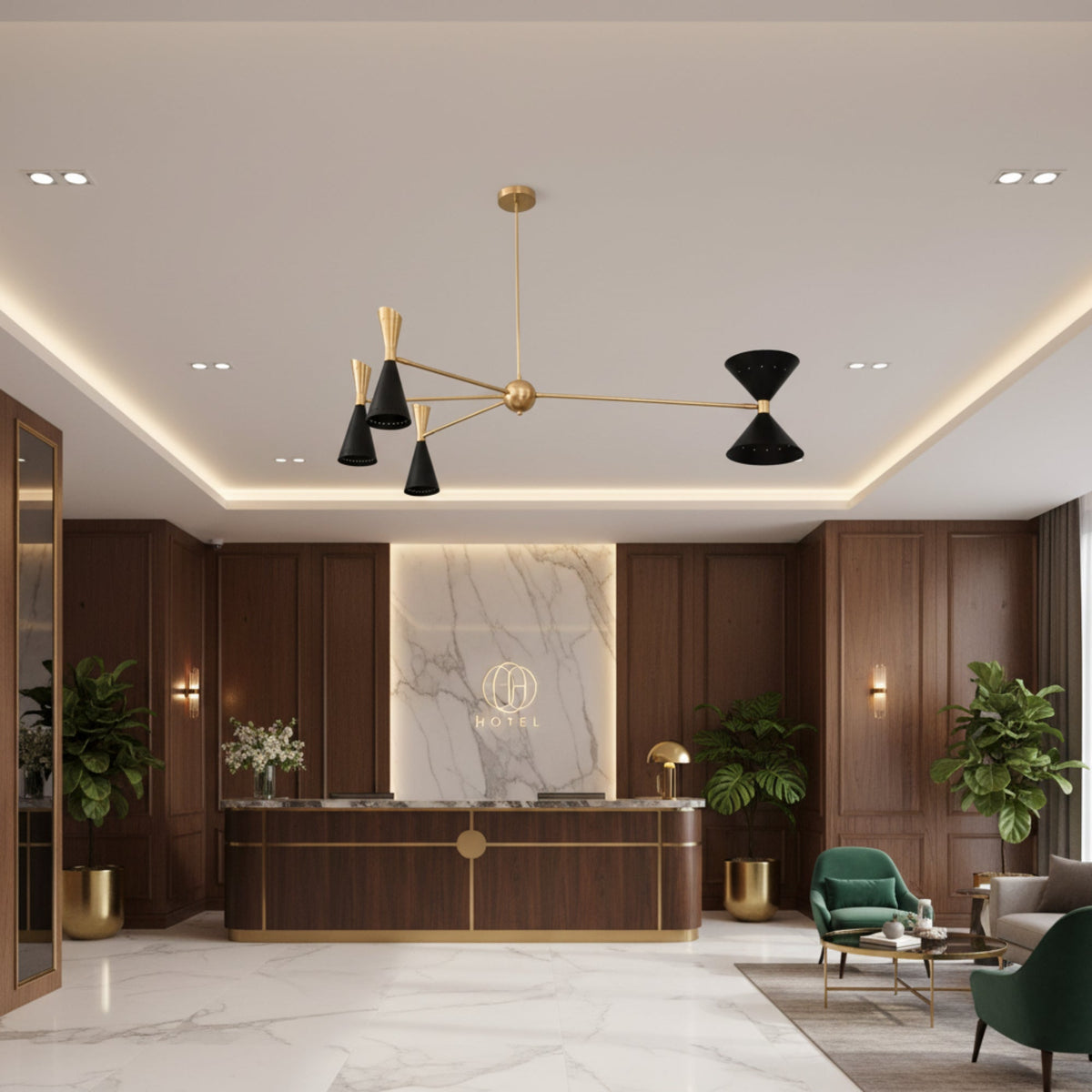 Angled view of Milan 8-light chandelier with black tapered cone shades and warm brass frame.