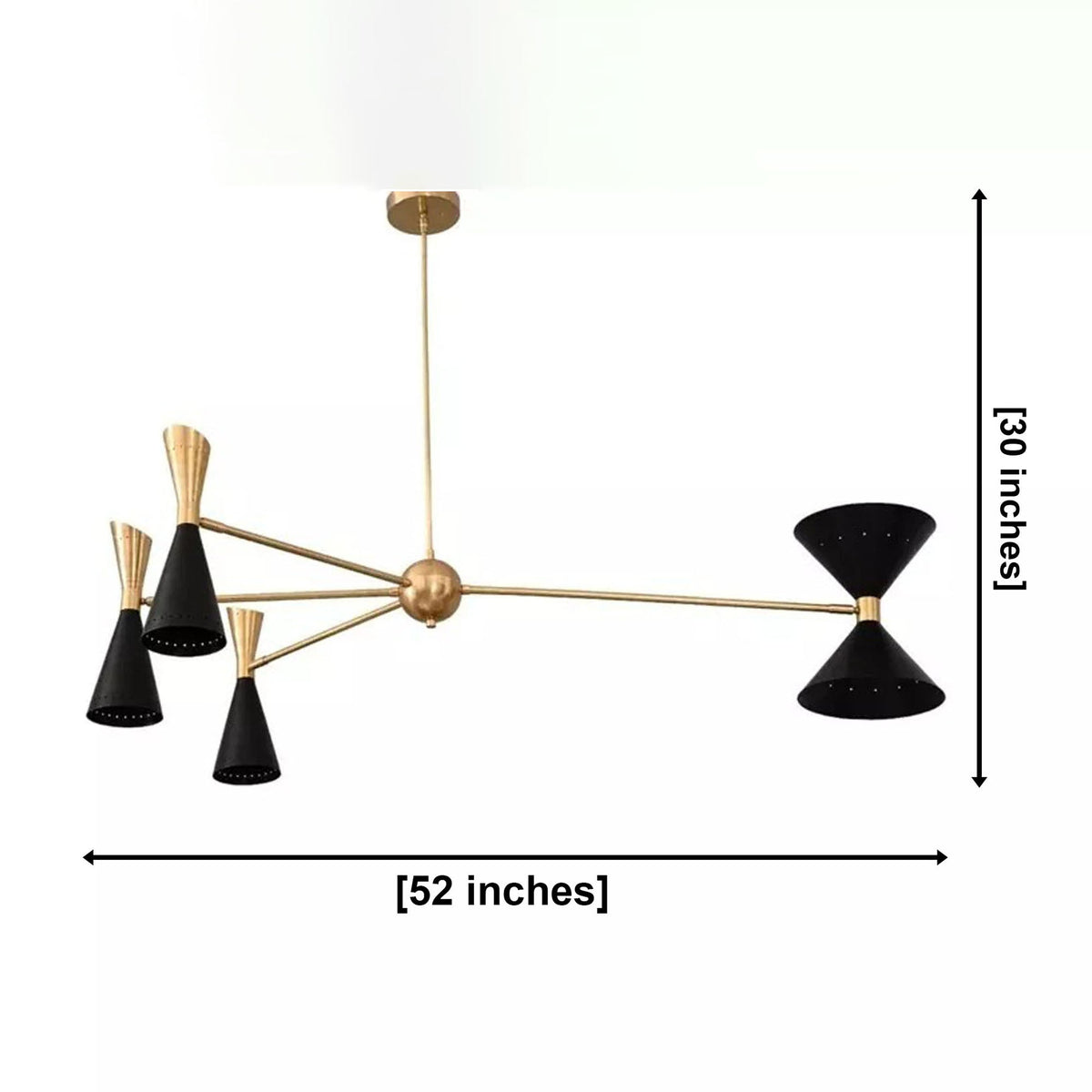 Milan 8-light chandelier dimensions showing 52-inch width and 30-inch overall height.