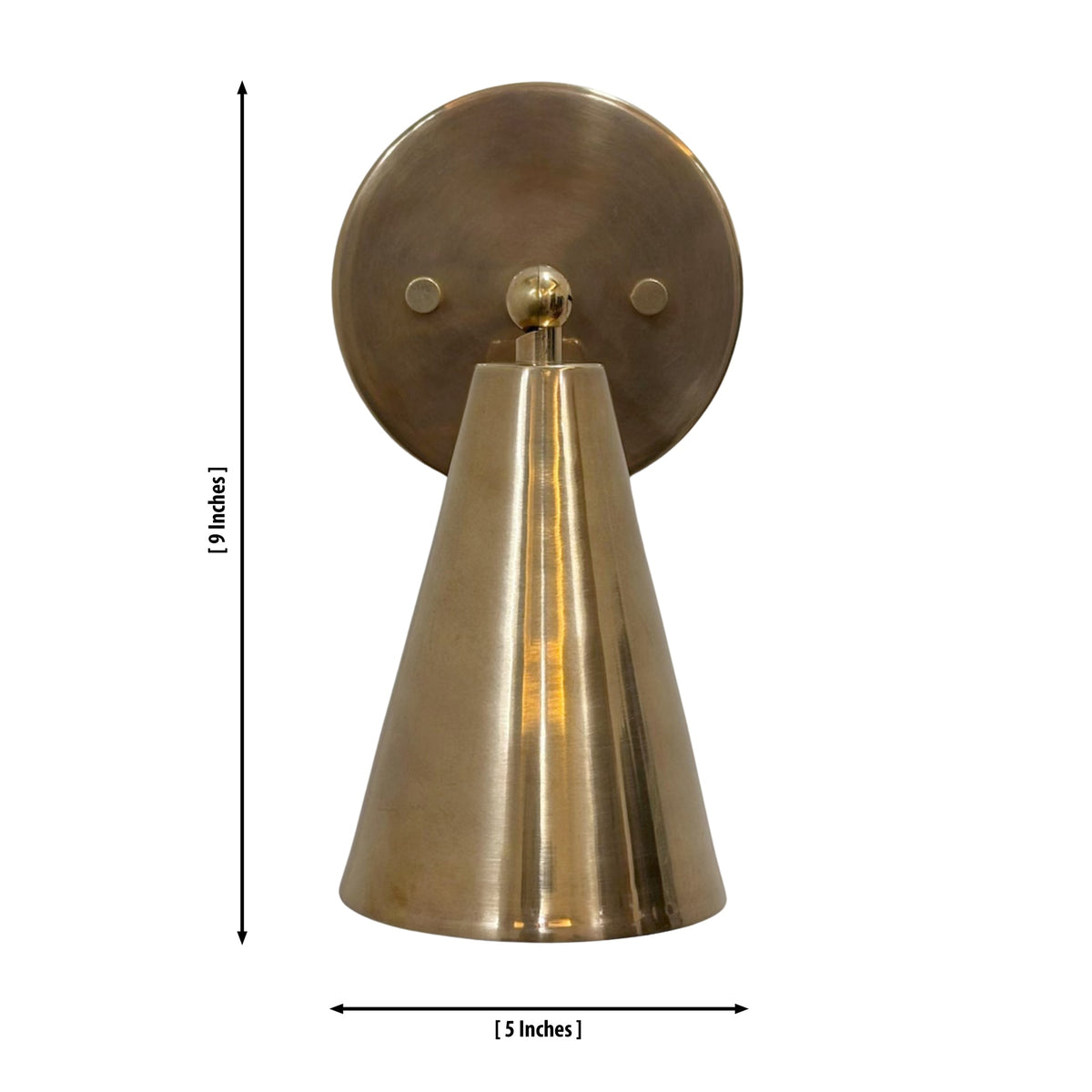 Dimension drawing of the Milan adjustable cone wall sconce measuring 9 inches in height and 5 inches in width.