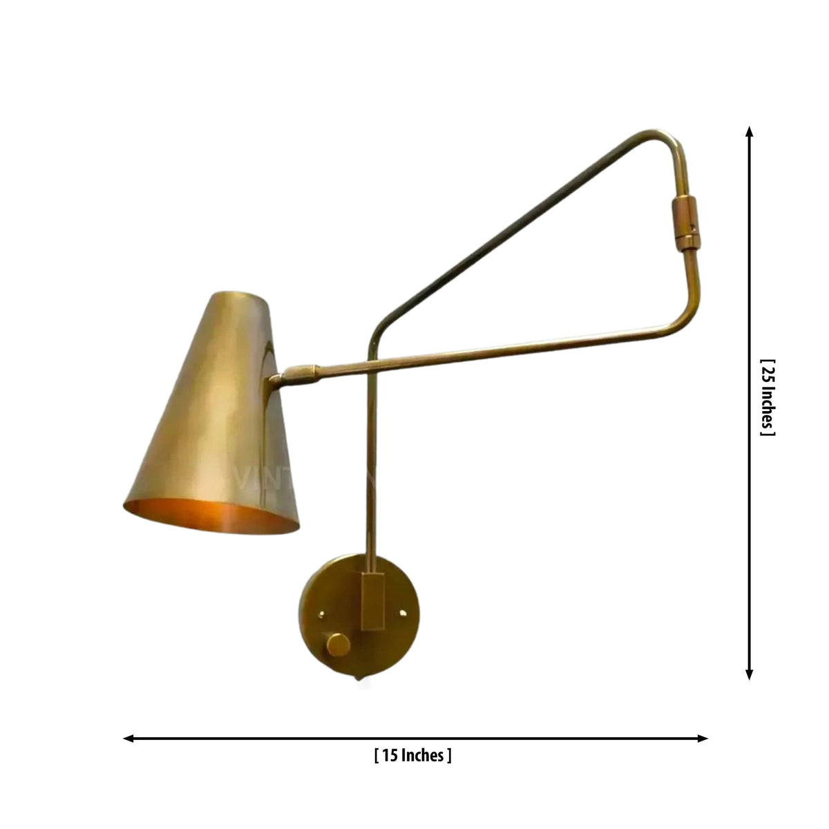Dimensions of the Milan Adjustable Swing Arm Wall Sconce measuring 15 inches wide by 25 inches high with an adjustable swing arm.