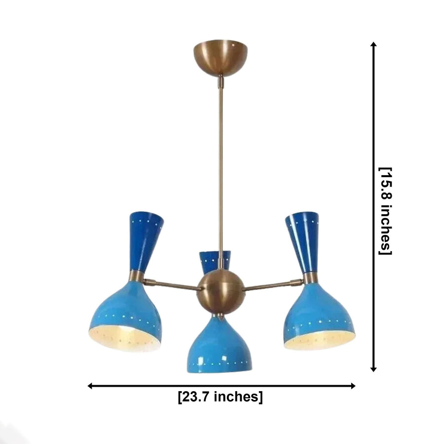 Milan Azure 6 light blue chandelier displayed above a wooden dining table in a Mid-Century Modern dining room.