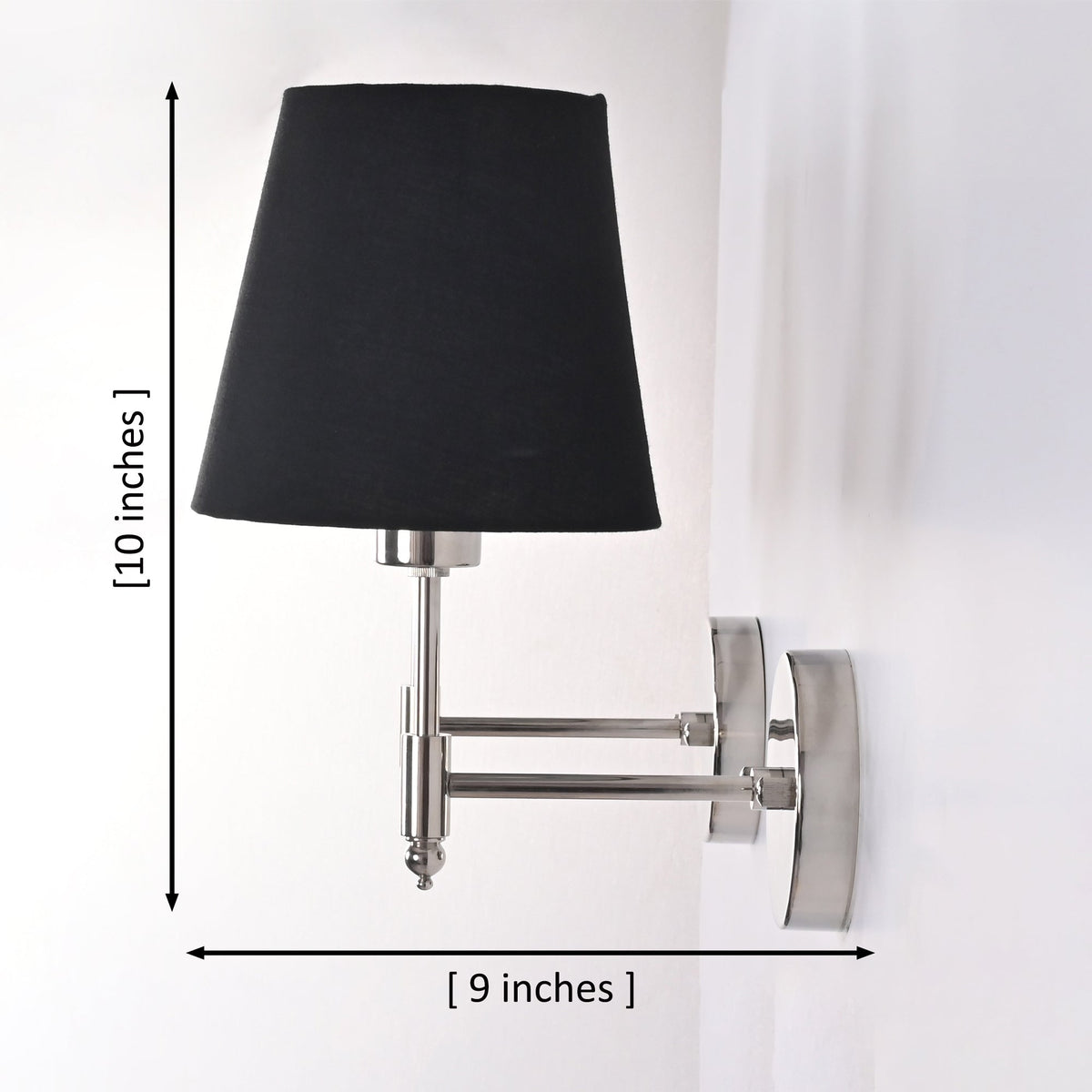 Dimension diagram of Milan polished chrome wall sconce with black tapered fabric shade measuring 10 inches high and 9 inches projection.