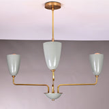 Close up of Milan Cone Arm Chandelier highlighting glossy cone shades, curved arms, and slim ceiling stem.