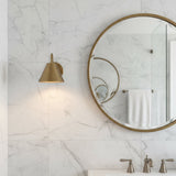 Reverse angled view of Milan wall sconce showing curved metal arm, cone shade and round canopy, Model 32791.