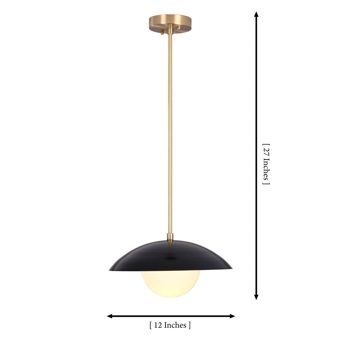 Dimension diagram of Milan Disc pendant showing 12-inch width and 27-inch overall height.