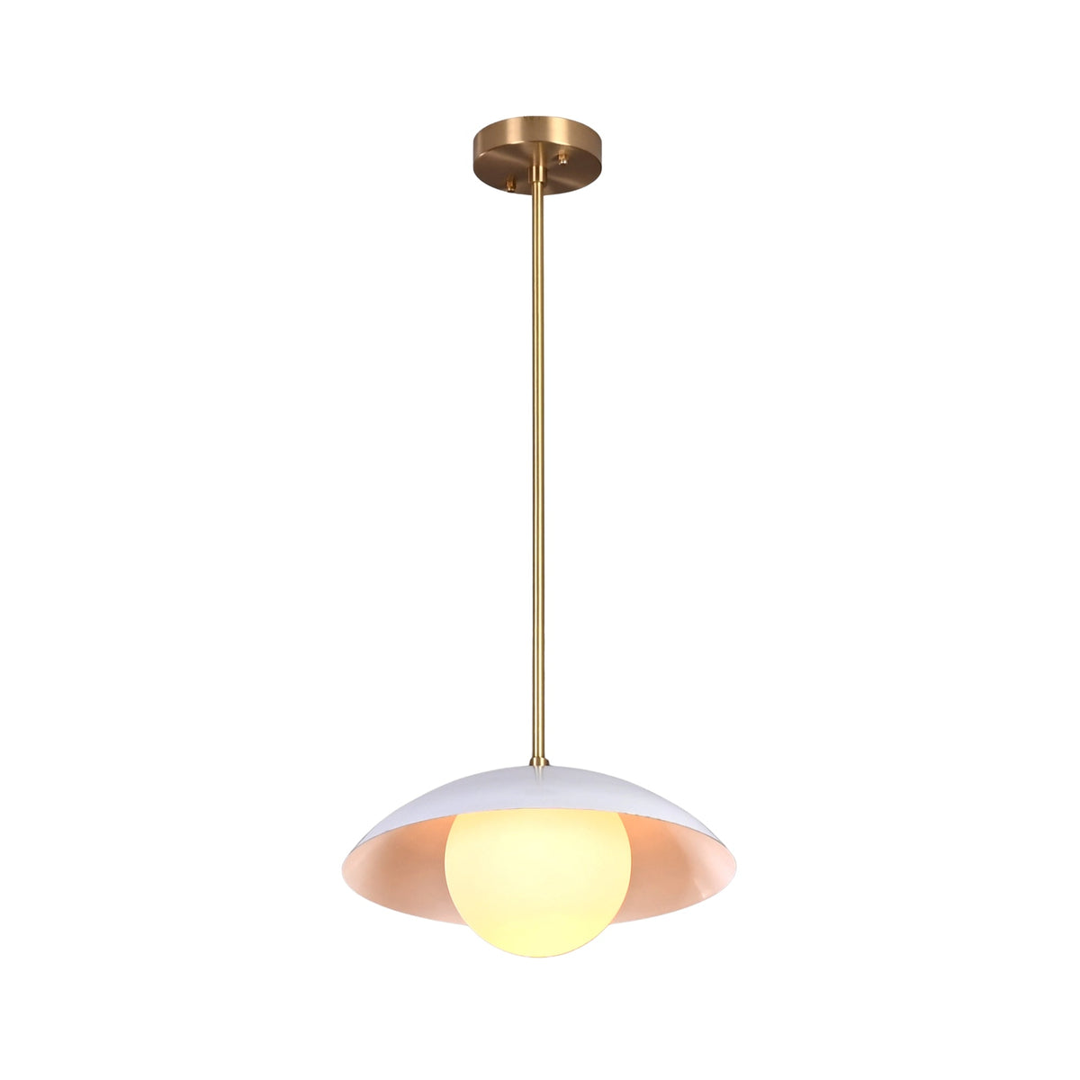 Milan Disc pendant featuring a white dome shade, glowing globe diffuser, and slim ceiling rod.