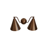 Detail view of Milan wall sconce with sculptural curved arms, round wall canopy and tapered cone shades – Model 32755
