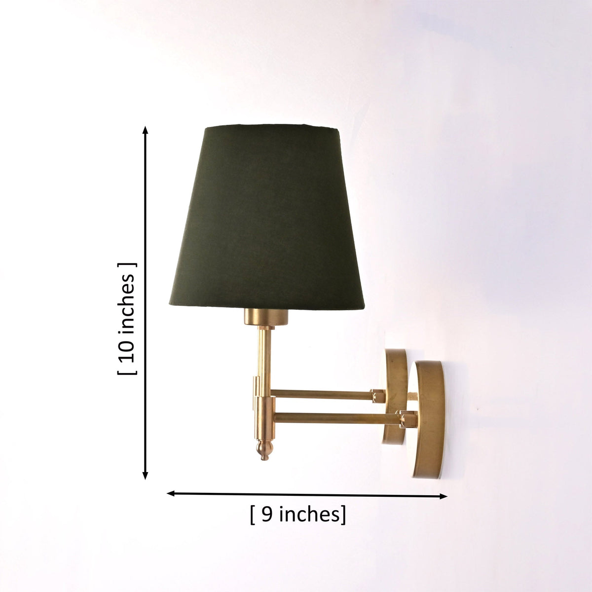 Dimension diagram of the Milan brushed brass wall sconce with olive green fabric shade showing a 10-inch height and 9-inch projection.