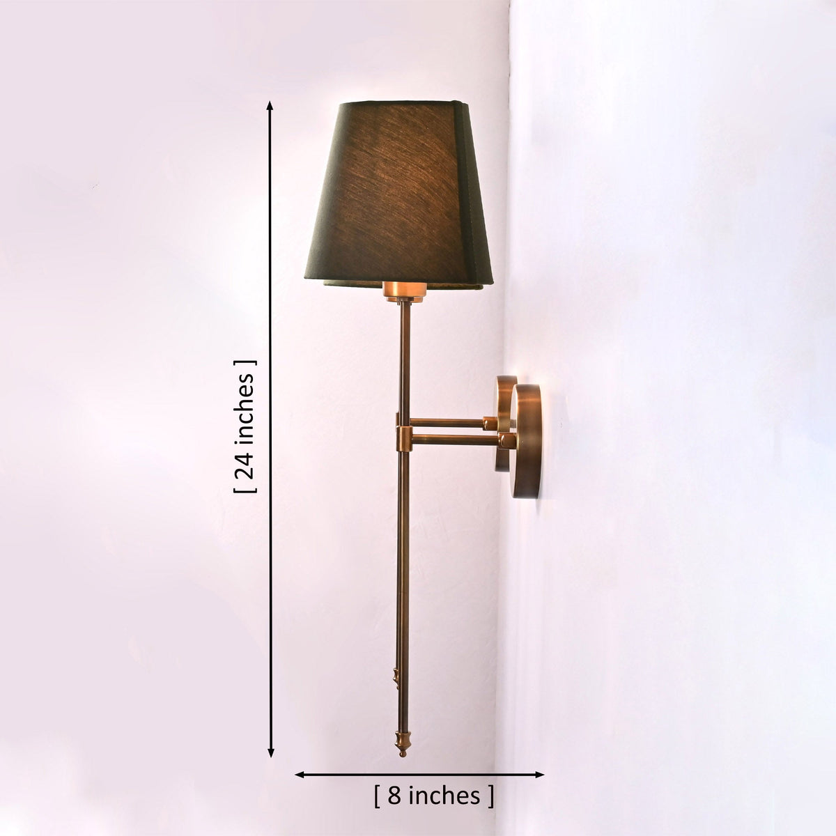 Milan Shade Rod Wall Sconce shown with 8 inch depth and 24 inch overall height dimensions.