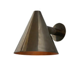 Product view of the Milan modern tapered cone wall sconce with handcrafted metal shade, cylindrical arm, and circular wall mount.